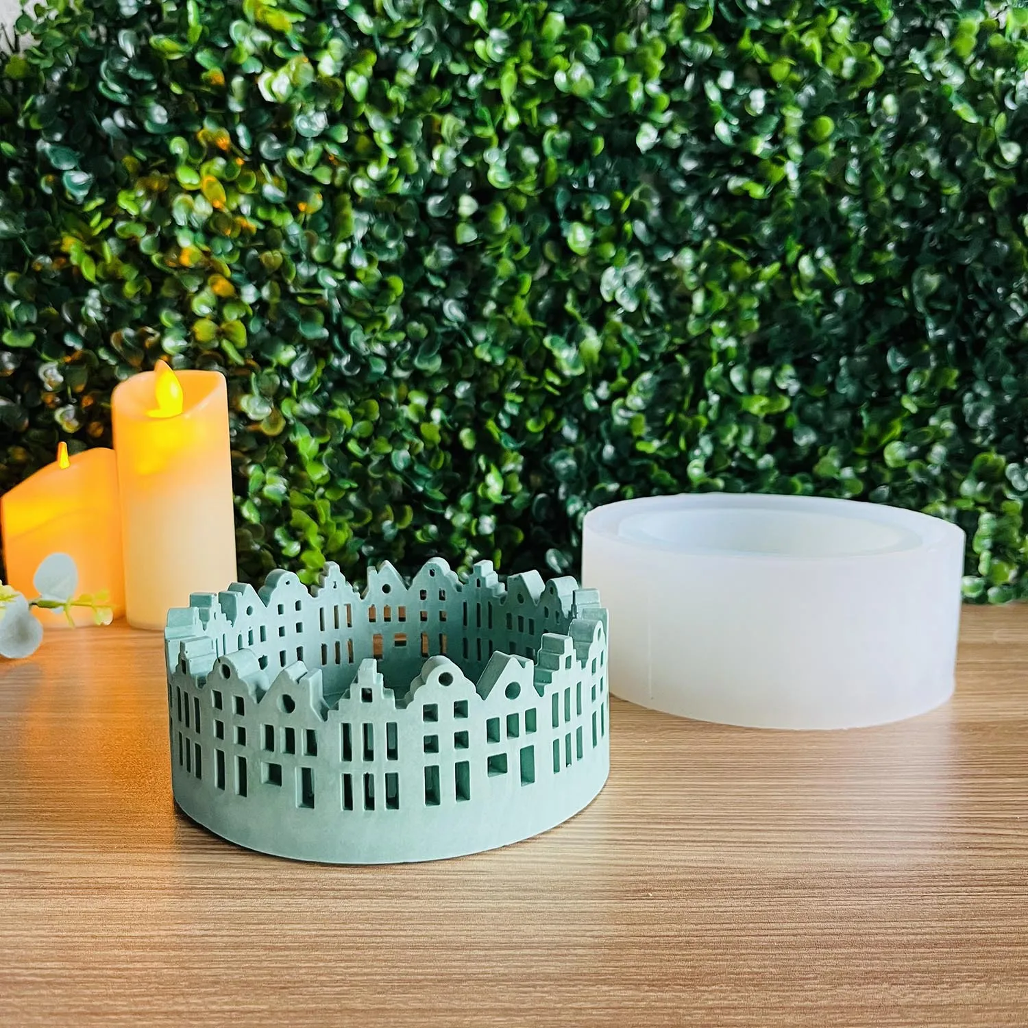 Description Picture 3 of itemRound Hollow House Silicone Candlestick Mold Scented Candle Cup Mold Hollow Building Succulent Flowerpot Cement Mold