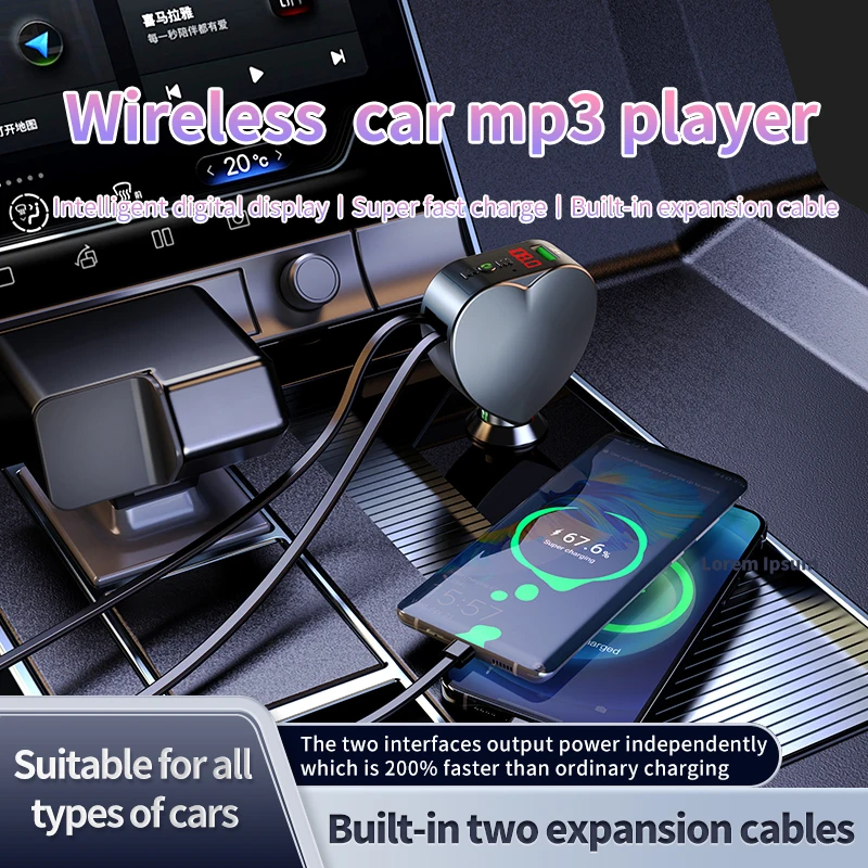 Wireless Car MP3 Music Player 3 in 1 USB Car Charger Adapter Fast Charger Retractable Cable For iPhone Samsung Xiaomi Huawei