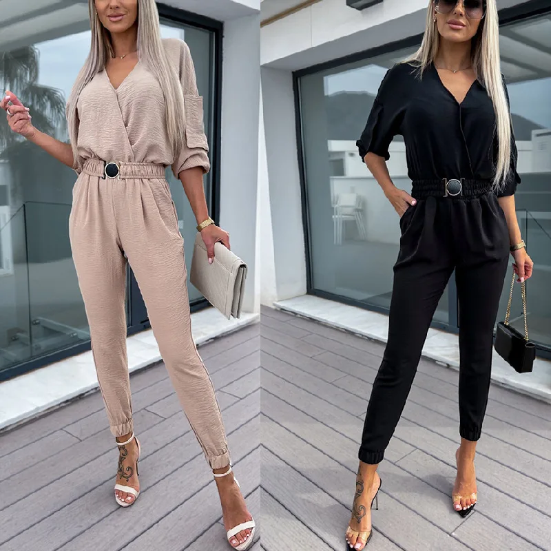 Fashoin Women Jumpsuit Elegant Long One Piece Summer Trouser Suit Belt Clubwear Overalls Romper Leisure Elgant Women's Clothing