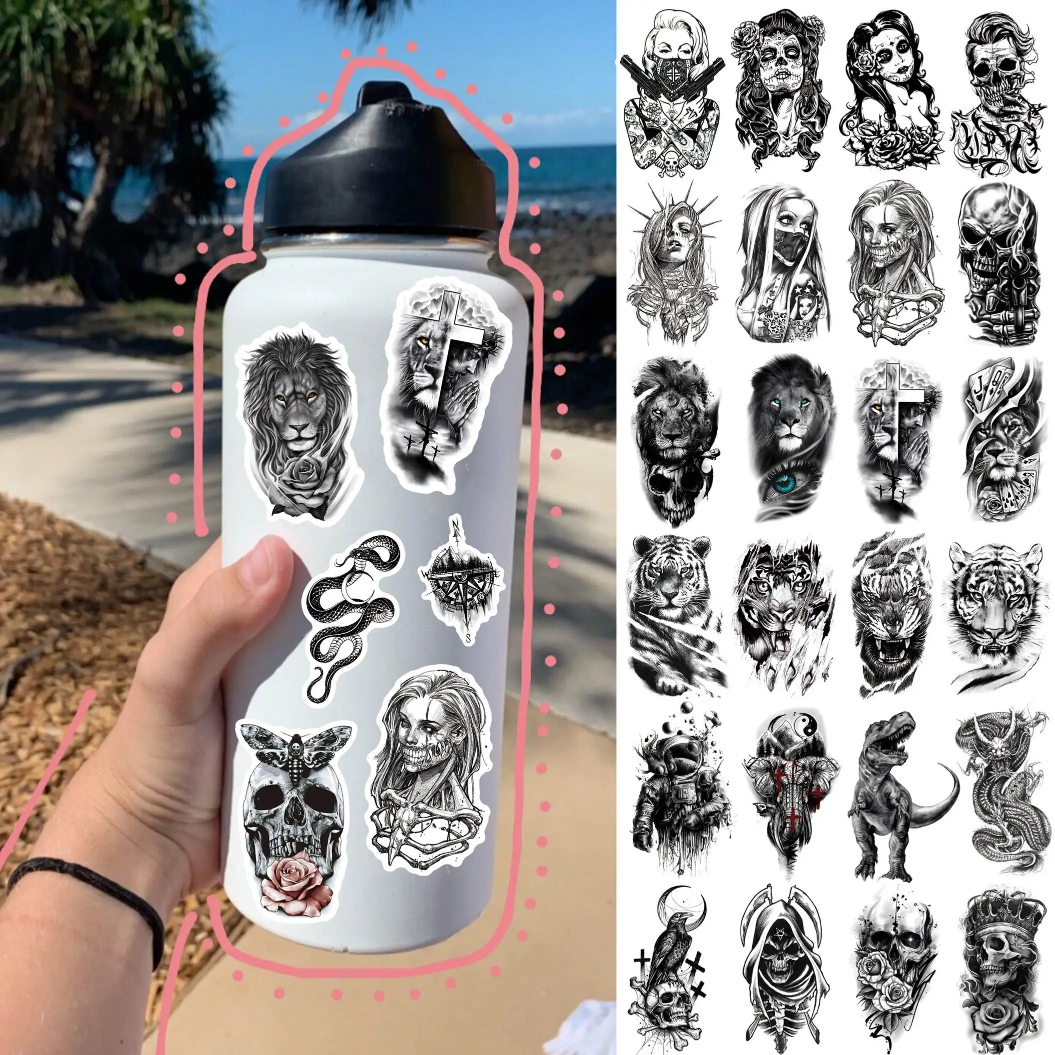 52 Sheets Skull Gangster Bottle Stickers For Adults Teens Black Lion Tiger Vinyl Laptop Decals Bicycle Car Phone 3D Stickers