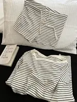 Pyjama à manches longues de style coréen, avec rayures noires et blanches et shorts à épaules dénudées, ensemble de vêtements de maison pour femmes, nouvelle collection 2025 4
