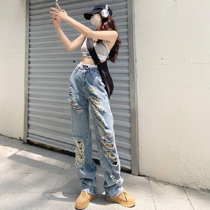 Irregular Flower Knife Hole Denim Women High Waist Wide Leg Wash Made Old Blue Loose Straight Leg Mop Pants