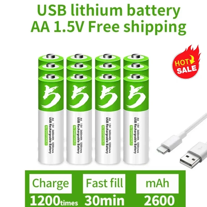

1.5V 2600mWh AA USB Lithium Rechargeable Battery For Remote Control Mouse Electric Toy Shaver Small Fan MP3+ TYPE C Cable