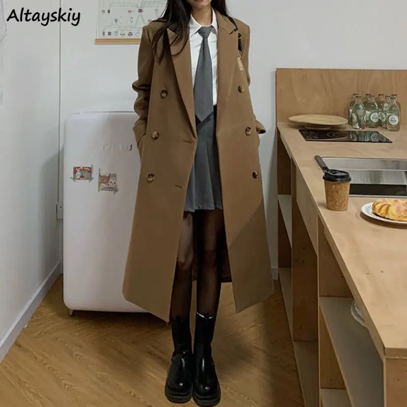 

Winter Wool Blends Coats Women French Retro Loose 2022 Korean Style Medium Long Thicker Double Breasted All-match Warm Fashion
