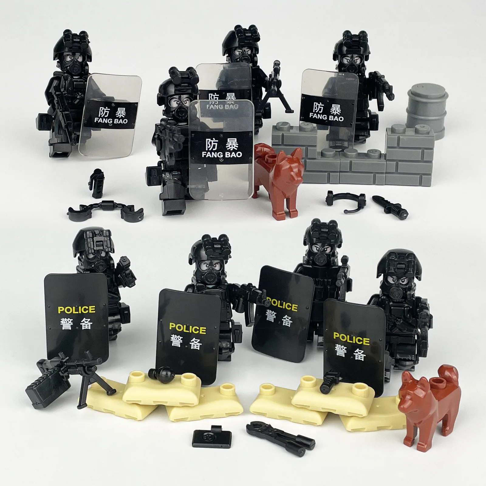 

Военные Аксессуары MOC, строительные блоки, фигурки солдат спецназа, мешок с песком, оружие для собак, противогаз, щит, кирпичи, игрушки