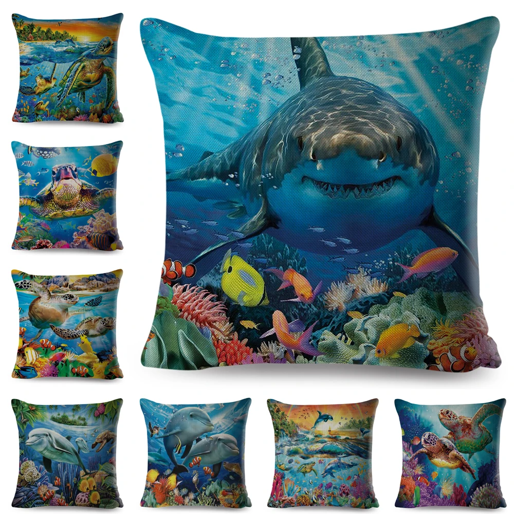 

Colorful Marine Turtle Dolphins Shark Cushion Cover Decor Ocean Animal Pillowcase Linen Throw Pillow Case for Sofa Home Car