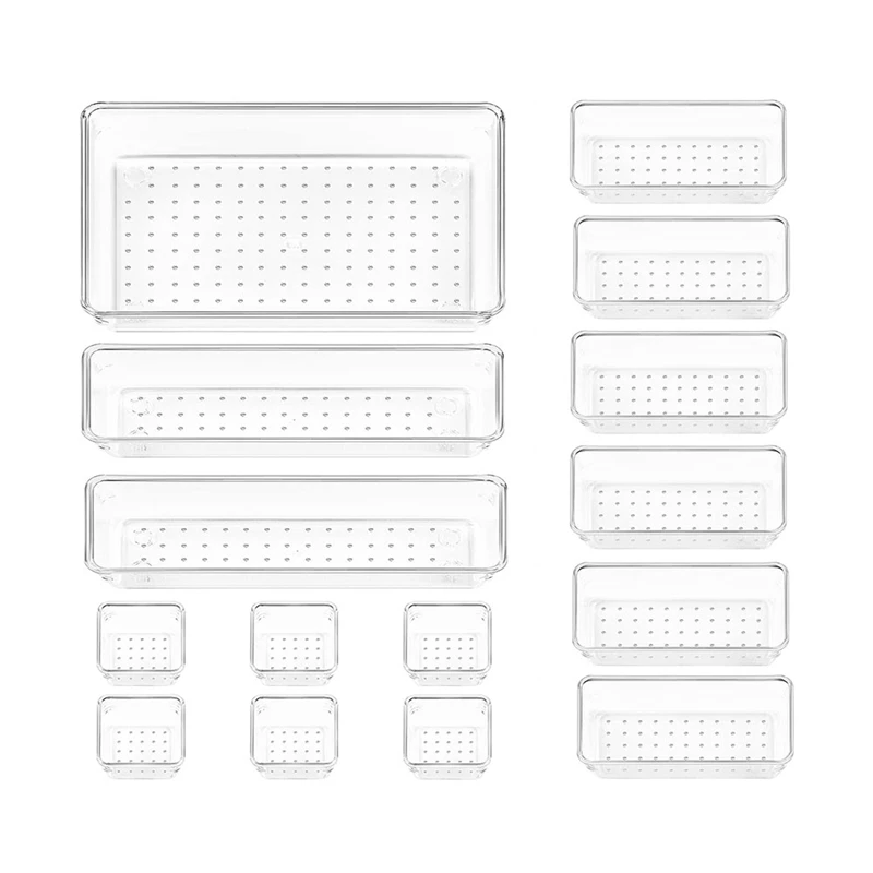 

15PCS Clear Plastic Drawer Organizer Set 4-Size Versatile Bathroom And Vanity Drawer Organizer Trays Storage Bins