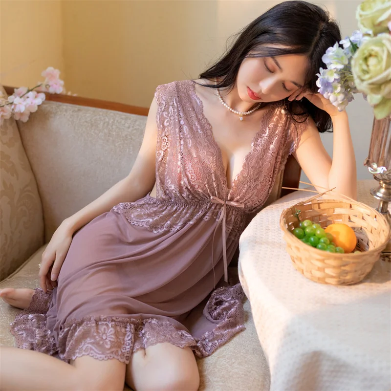 

New Sexy Sleepwear Women's Nightgowns Lace Gauze Short Night Dress Women Lingerie Nighty For Wife Back Night Outfit