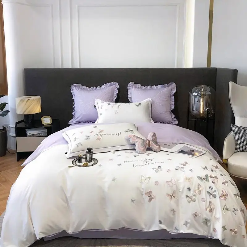 

Light luxury embroidered Butterfly King Queen Size Bedding Set 4 pcs Duvet/ Comforter Cover Bed Sheet fittedsheet Set pillowcas