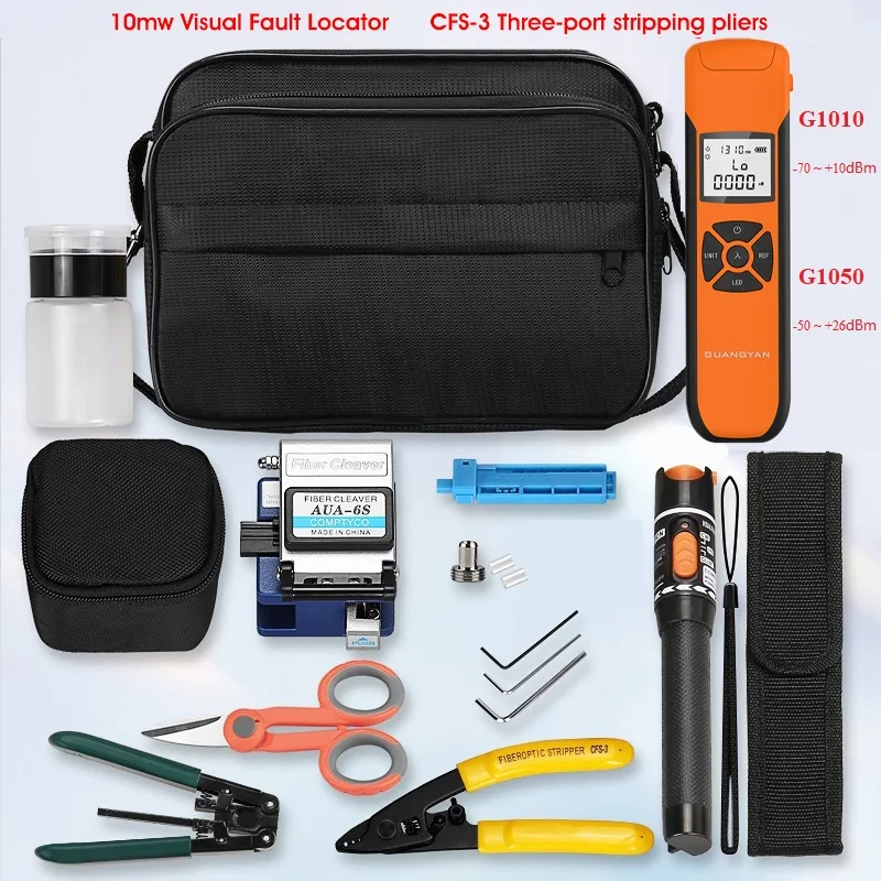 FTTH Fiber Optic Tool Kit with AUA-6S Fiber Cleaver -70~+10dBm/-50~+26dBm G10 Optical Power Meter 10mw Visual Fault Locator