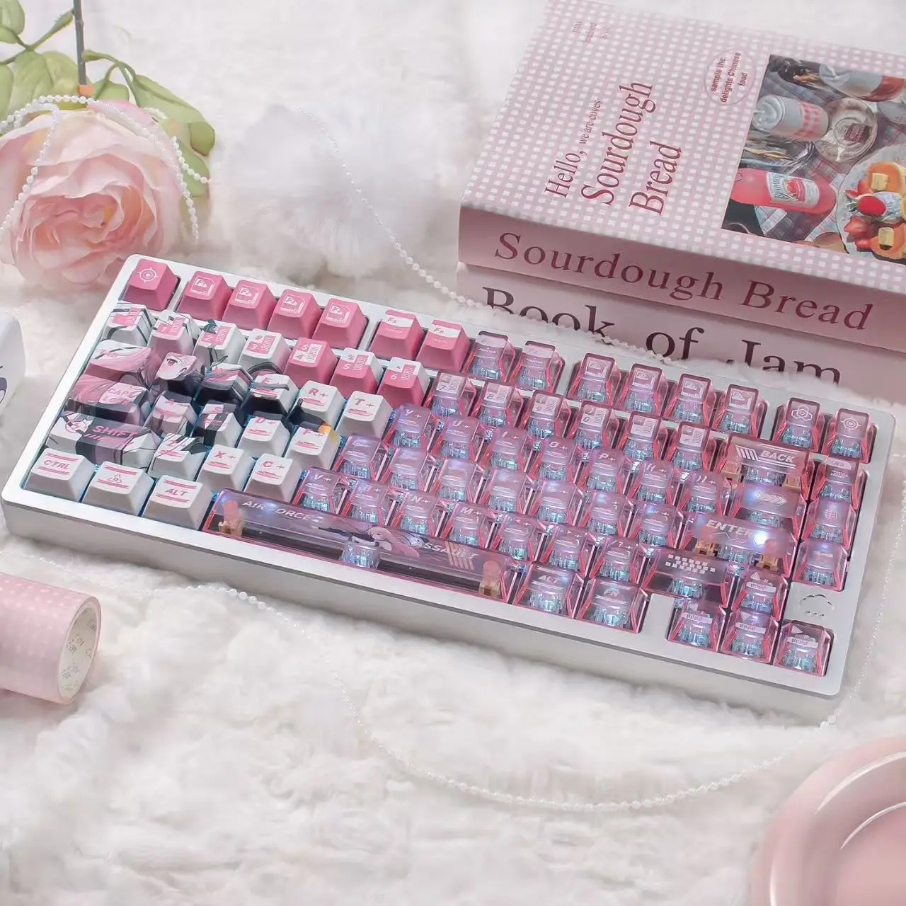 PBT + PC 오리지널 퍼플 라임 스노우 마운틴 스트로베리 하트비트 점진적 변화 파우더를 기계식 키캡을 통해 전달하는 풀세트