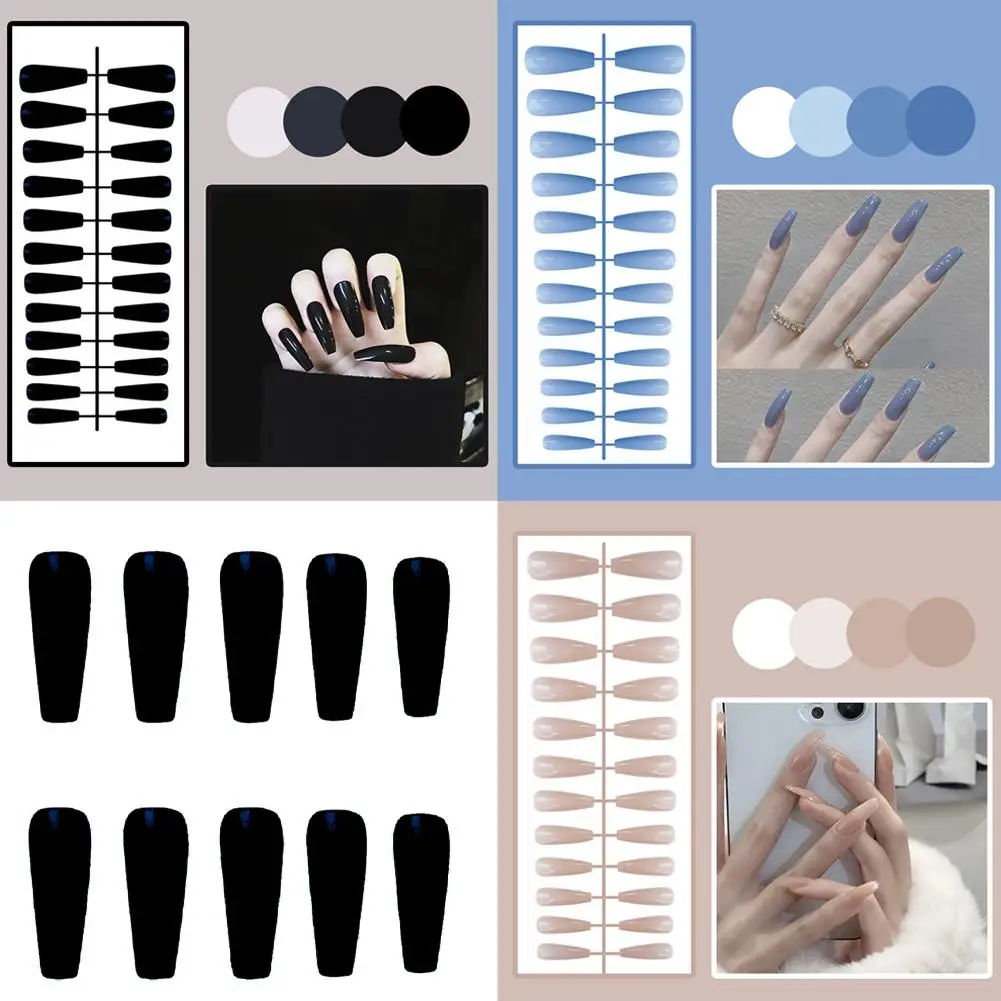 thumbnail image 2 of 24 piezas de pegatinas para uñas postizas trapezoidales de color sólido, brillantes y largas, con degradado francés, resistentes al agua, para presionar sobre las uñas DI, 2 of 6