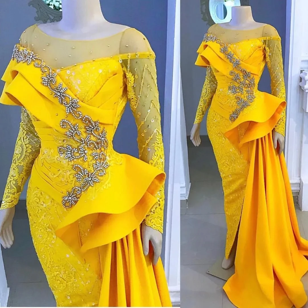 

Yellow Aso Ebi African Evening Dresses Mermaid Long Sleeves Lace Beaded Long Dubai Saudi Arabic Black Girls Evening Gown Prom