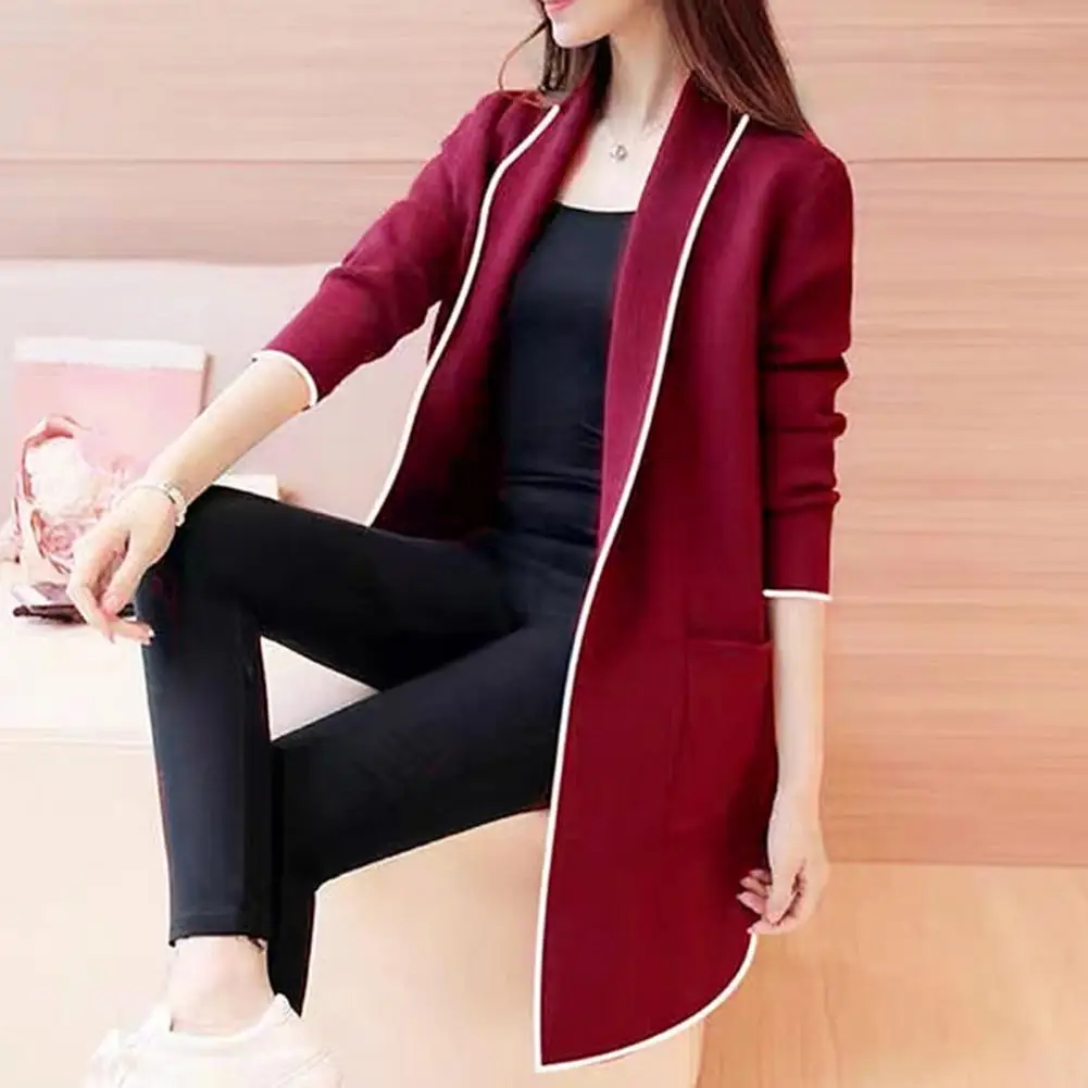Women's open stitch cardigan, medium-length cardigan with pockets, warm winter cardigan, stylish, ladies, autumn.