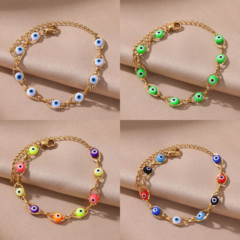 Stainless Steel Evil Eye Bracelet Women Men Gold Color Adjustable