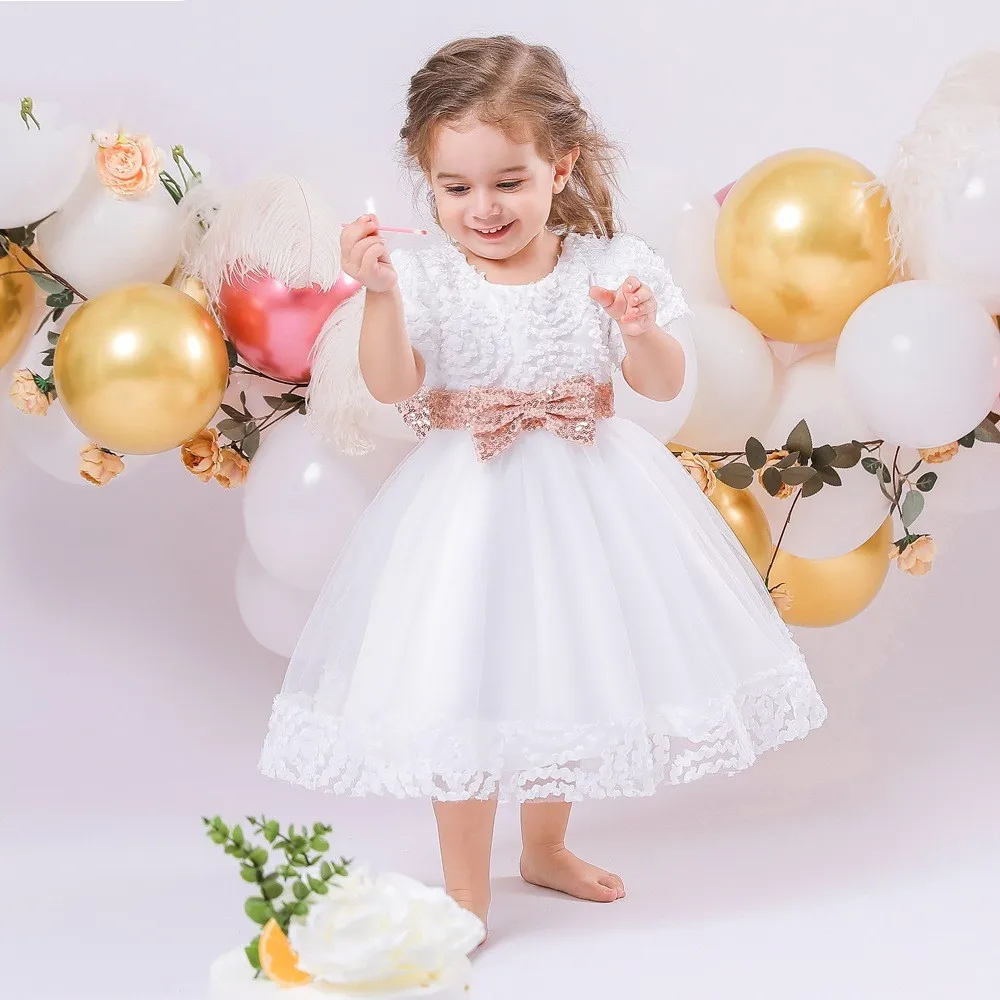 

0-2 Year Old Children's Dress Princess First Birthday Baby Batptism Dress Big Bow Flower Children's Dress