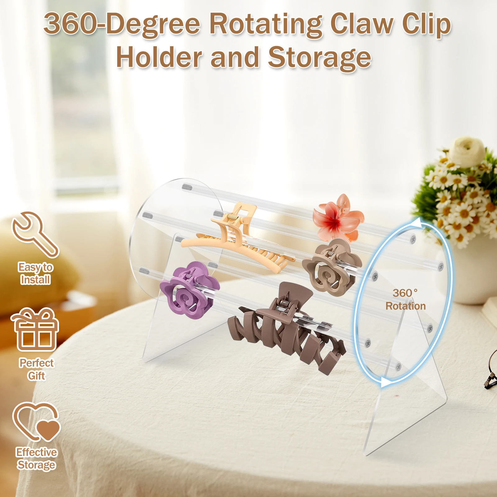 Claw Clip Organizer 360 Degree Rotating Claw Clip Holder Transparent Storage Rack Reusable Hair Display Stand for
