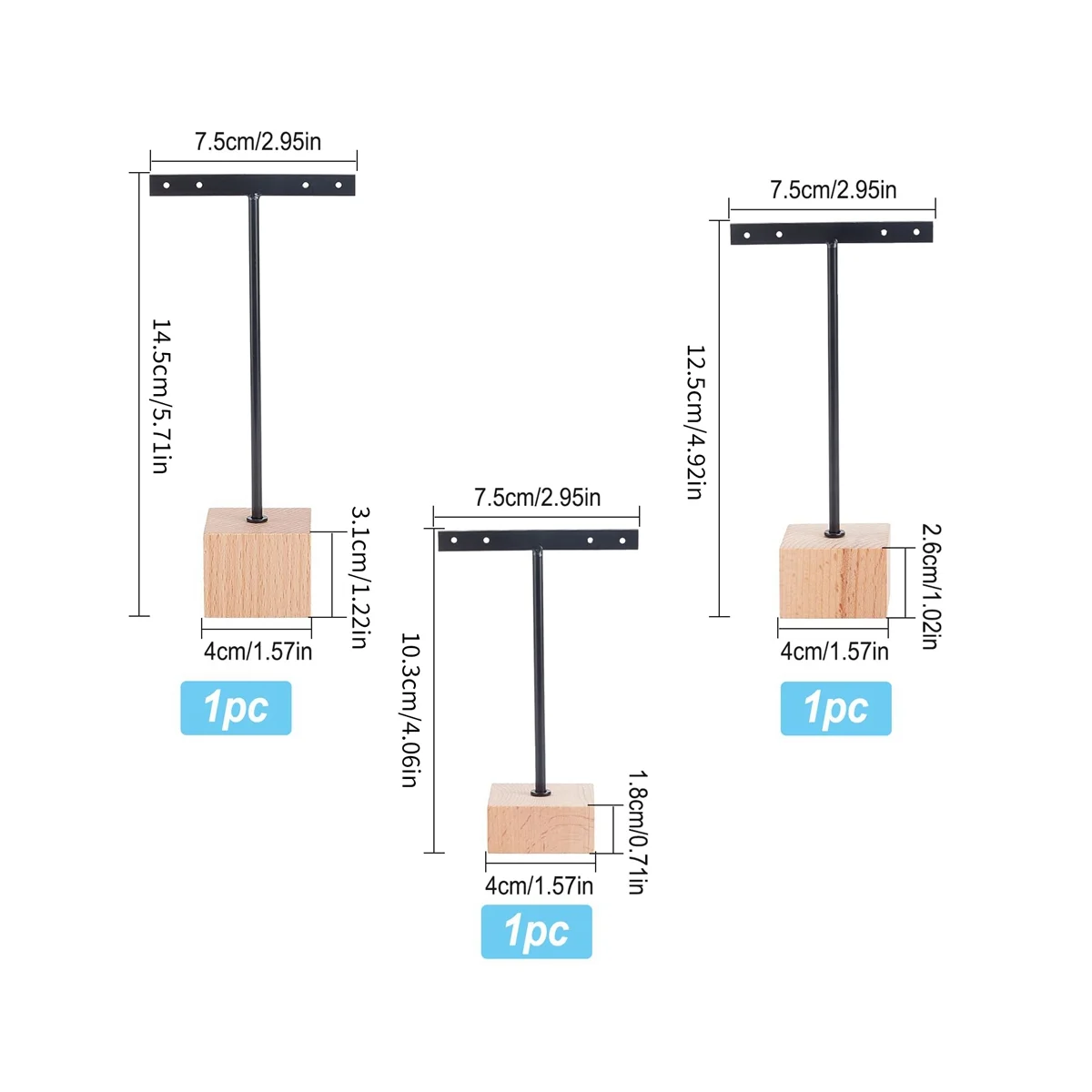 

3Pcs Black Metal T Bar Earring Display Stand with Wooden Square Base 4 Holes Jewelry Holders Hanging Earring Organizer
