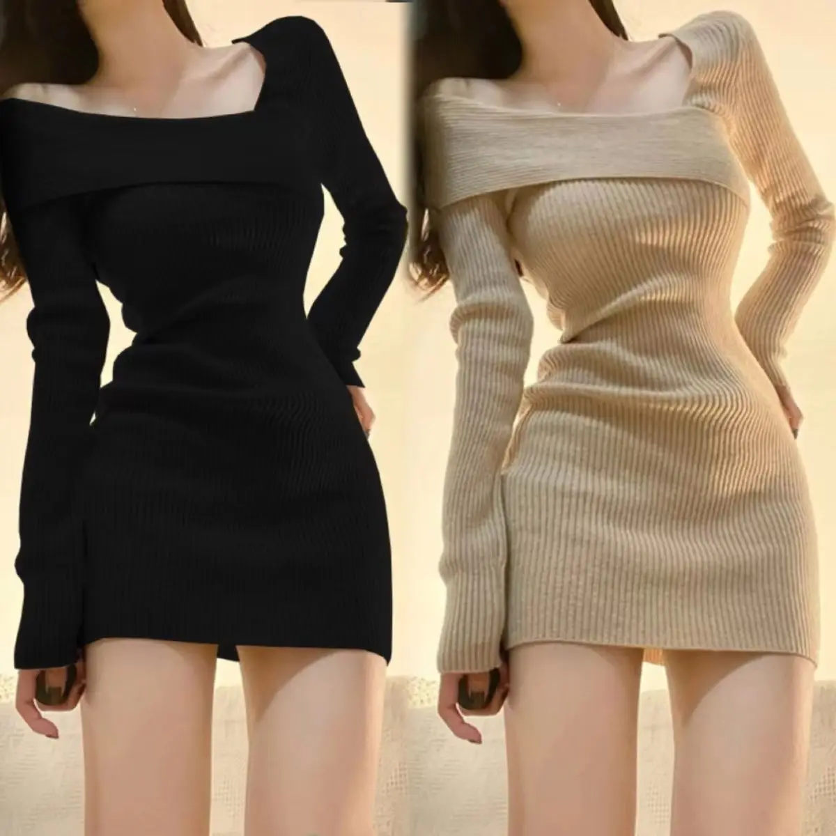 

Elegant Retro Knitting Long Sleeve Mini Dresses Women Irregular Sexy Slim Solid Diagonal Collar Autumn Winter Dress