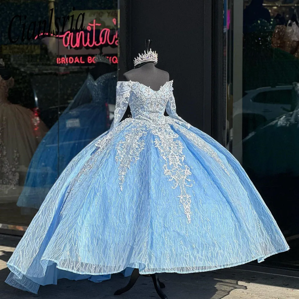 

Sparkly Quinceanera Dresses Lace Beaded Pearls Ball Gown Sequins Appliques Long Sleeve Sweet 16 Dress Party Wear