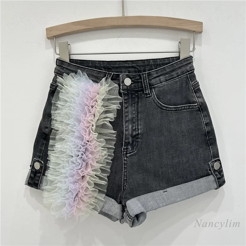 Design Sense Denim Shorts Women's 2024 New Summer High Waist Slimming Wide Leg Stitching Mesh A- Line Hot Pants Street Shorts