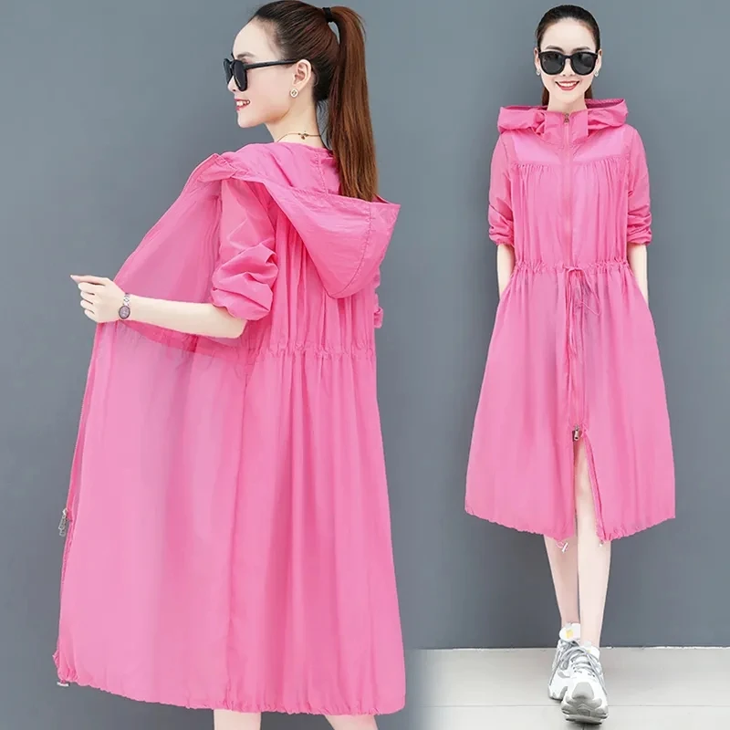 

Summer Windbreaker For Women Sunscreen Clothes Lady Beach Thin Coat 2023 Female Mid-length Ultraviolet-Proof Trench Coat 3XL