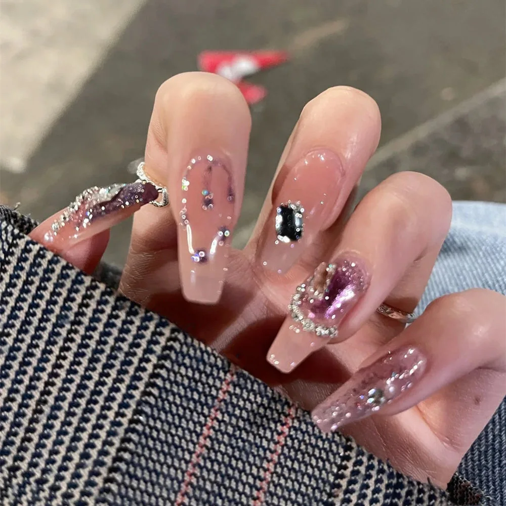 

Накладные ногти ручной работы, 10 шт., розовые блестящие накладные ногти с 3D ромбовидным дизайном, полное покрытие ногтей, носимые накладные ногти