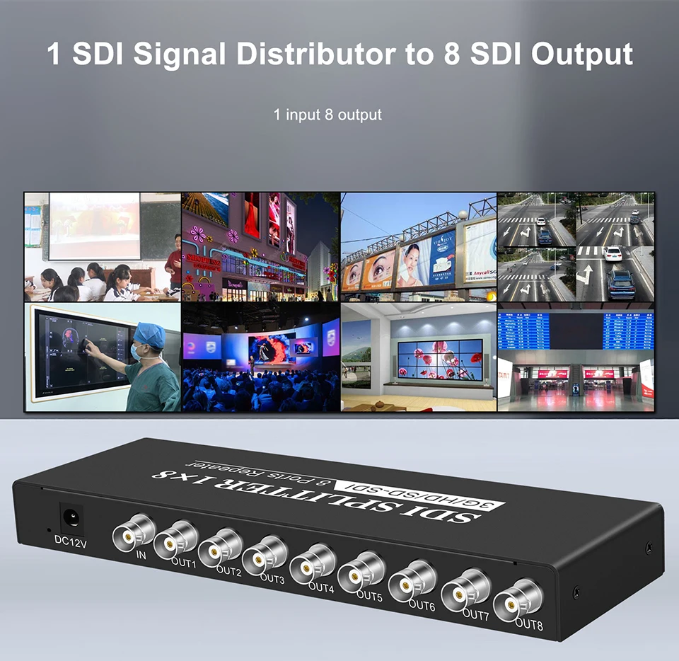 SDI 1x8 Splitter, SD-SDI, HD-SDI, 3G-SDI, 1x8 Splitter, 1 Entrada 8 Saída, Tronco Extensor com Adaptador de Energia para Câmeras SDI