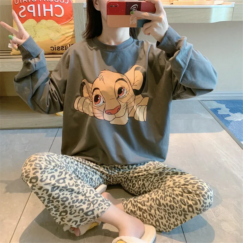 Disney Cartoon Lion King Simba Pajamas Women's Spring Autumn Long-sleeved Trousers New Girl 2pcs Leopard Print Homewear Suit 2