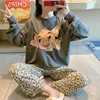 Disney Cartoon Lion King Simba Pajamas Women's Spring Autumn Long-sleeved Trousers New Girl 2pcs Leopard Print Homewear Suit 2