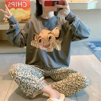 Disney Cartoon Lion King Simba Pajamas Women's Spring Autumn Long-sleeved Trousers New Girl 2pcs Leopard Print Homewear Suit 2