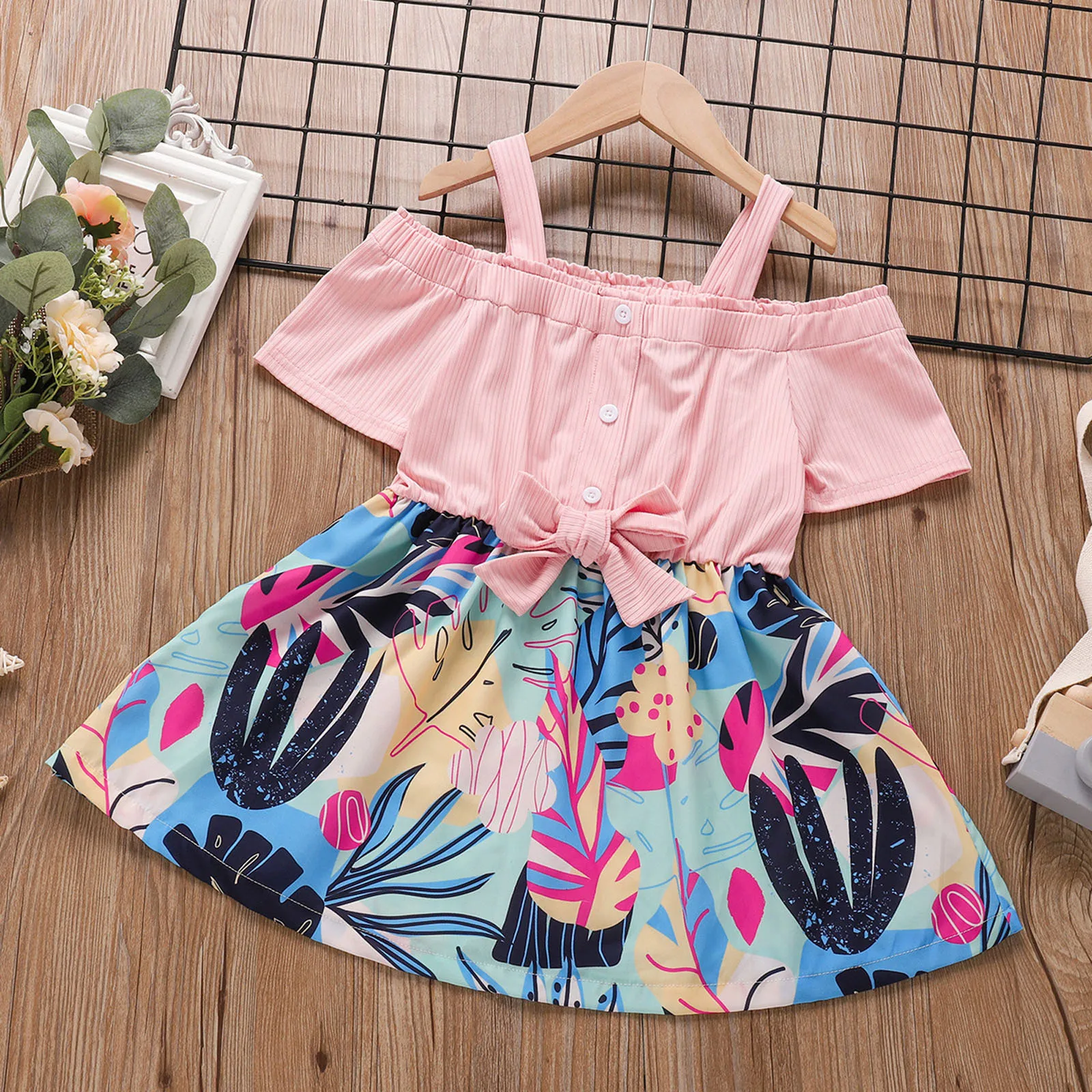 

Toddler Kids Baby Girls Short Sleeve Floral Skirt Princess Bowknot Party Dress 2024 Summer Casual Wear Hot Sale Vestido