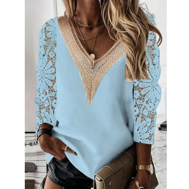 White Sexy Lace Hollow Women Top 2023 Spring V Neck Stitching T-shirt Blouse Nine Points Sleeve Mesh Design Tops Femme Blusas