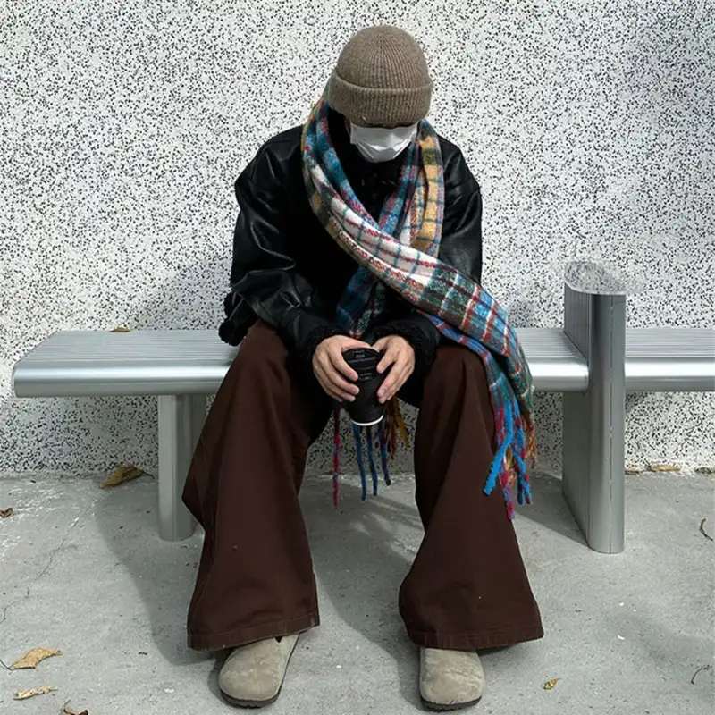 Retro Tassel Plaid Wool Scarf Plush Cashmere Shawl Winter Cashmere Scarves Solid Color Rainbow Color Cape Wraps Women/Men - Image 5