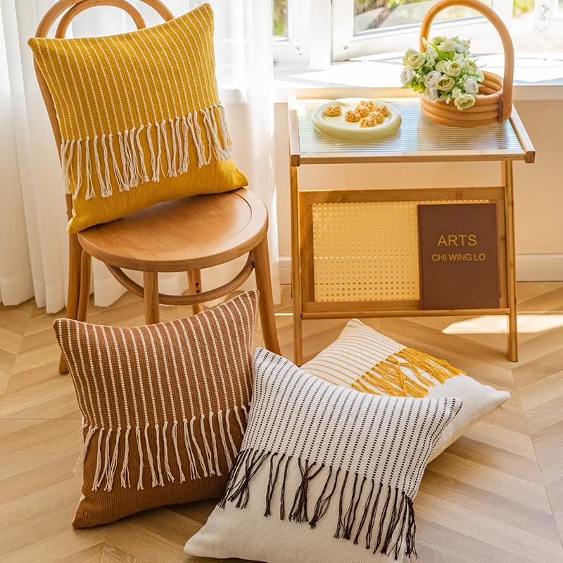 

Tassel Throw Sofa Pillow cover Bohemian Cushion Cover Yellow Coffee Beige Pillowcase Stripe 45x45cm Home Decoration Living Room