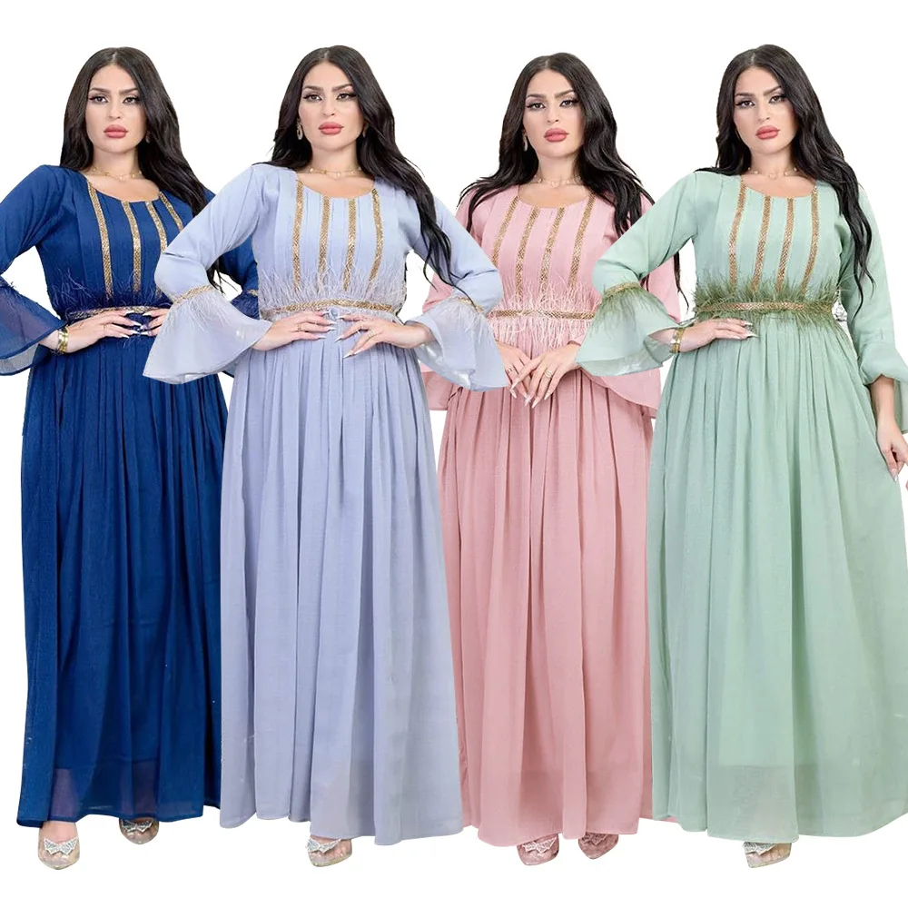 

Arab Feather Muslim Dress Diamond Chiffon Robe Belt Round Neck Abayas for Women Modest Clothing Vestidos Elegantes Para Mujer