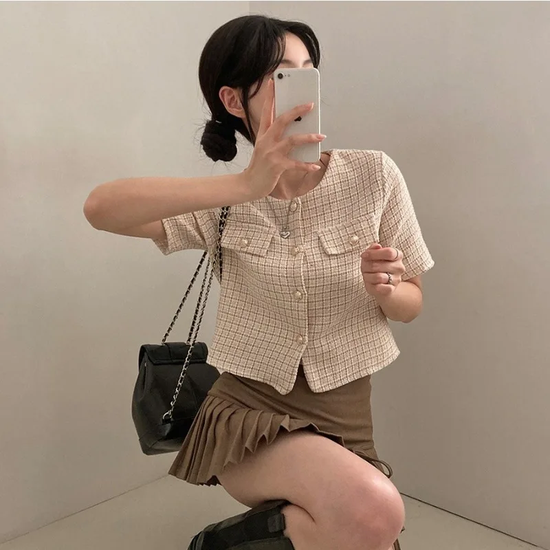 싱글 브레스트 차케타 무제 젠틀 자케타 여성 오넥 반팔 재킷, 격자 무늬 카사코 용수철, 여름 로파, 2024