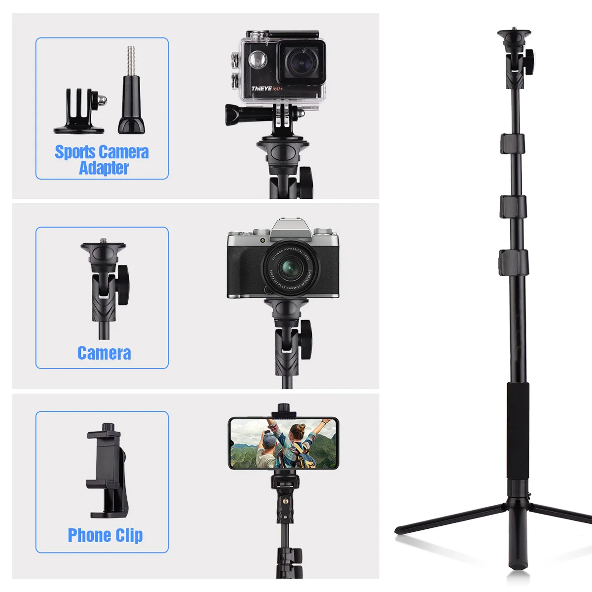 54-inch Extendable Selfie Stick Tripod Stand Aluminum Alloy with Detachable Desktop Tripod Phone Holder Sports Camera Mount Adap