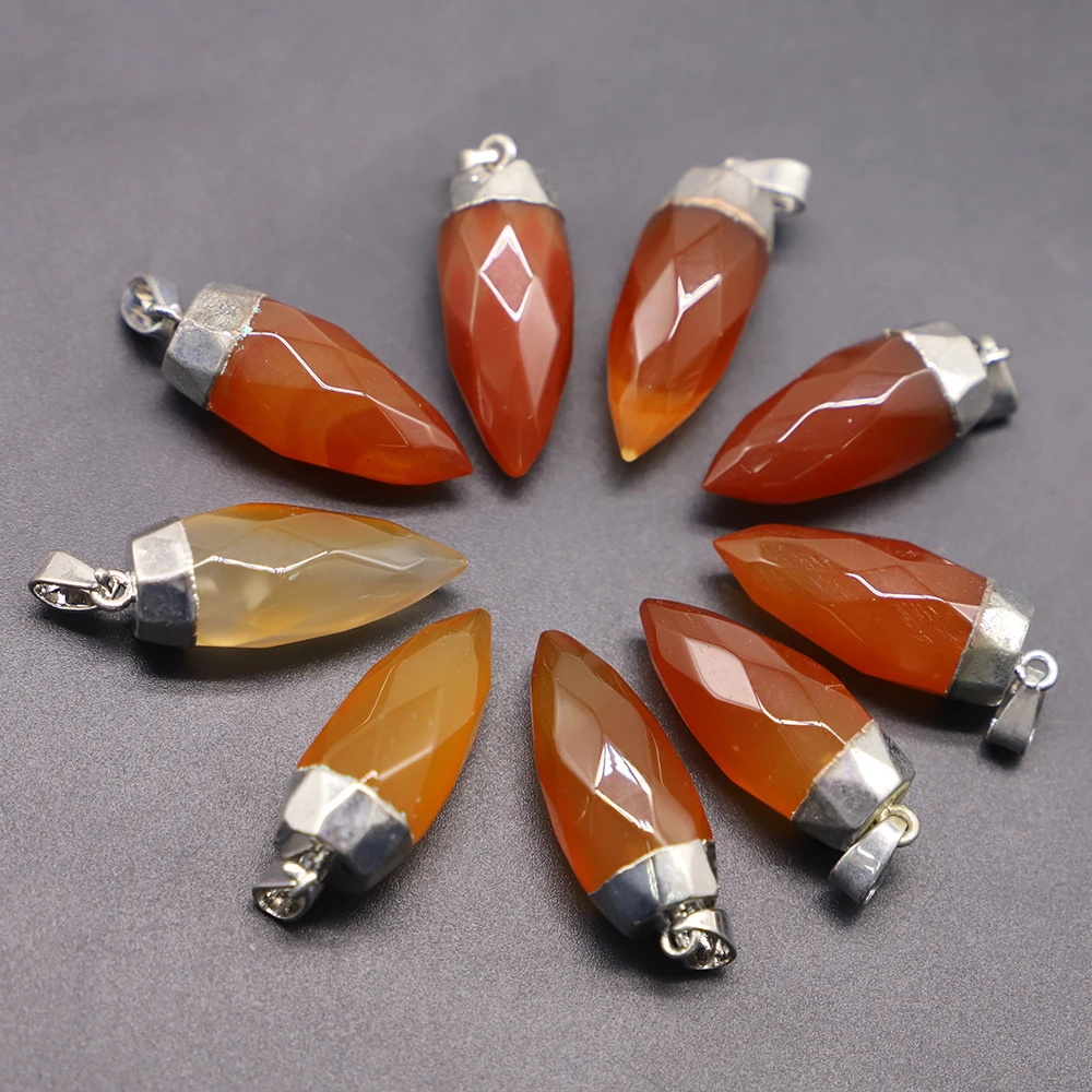 Natural Stone Silver Cone Healing Pendulum Faceted Pendant Crystal Grey Agate Onyx Necklace Reiki Charms DIY Jewelry Making 8PCS