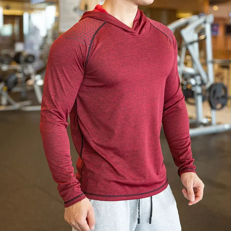 Autumn Gym Men T Shirt Casual Long Sleeve Slim Tops Tees elastic T-shirt Sports Fitness breathable Quick dry Hooded T Shirt 2