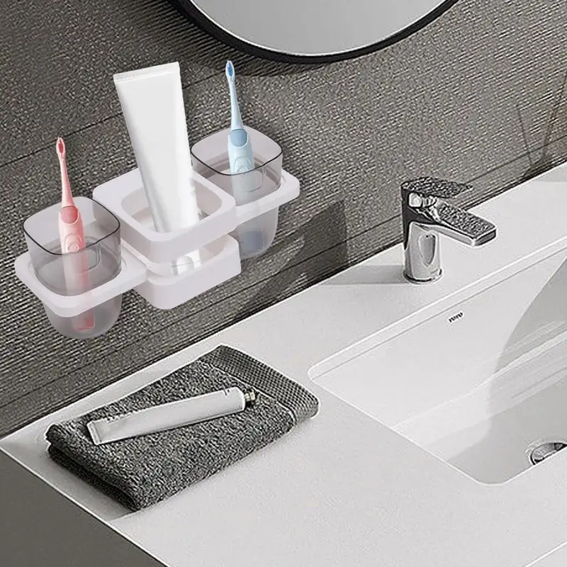 Simple Wall Mounted Toothbrush Holder Toothpaste Mouth Cup Holder Drill-Free Bathroom Storage Shelf Portable Rack Organizer