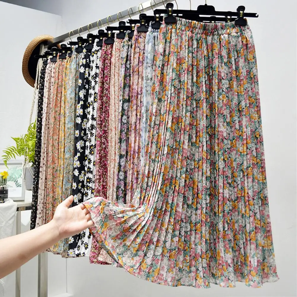 

Pleated Skirt Trendy Polyester Extra Soft Floral Print Pleated Skirt A-Line Dress for Women Summer Skirt Floral Skirt