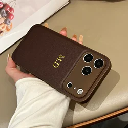 Personalized Luxury Classic Faux Leather Case with Custom Gold Foil Engraving - iPhone 15 Pro (Brown)