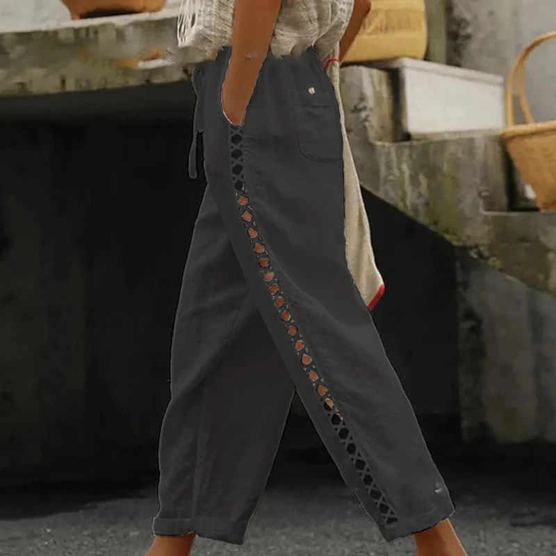 Women Fashion Embroidered Lace Trousers Vintage Lace-Up Pockets Pants Summer Elegant Loose Elastic Waist Long Pants Streetwears