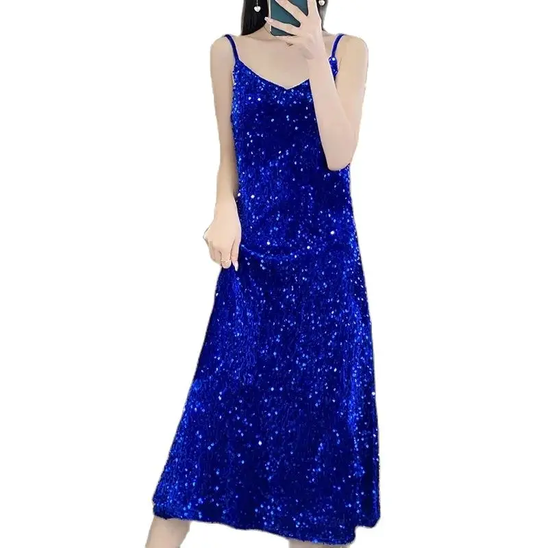 

Summer Sequined Suspender Dress Female V-neck Vest With Bottoming Solid Color Fashion Temperament A-line Skirt Knee-Length Dress