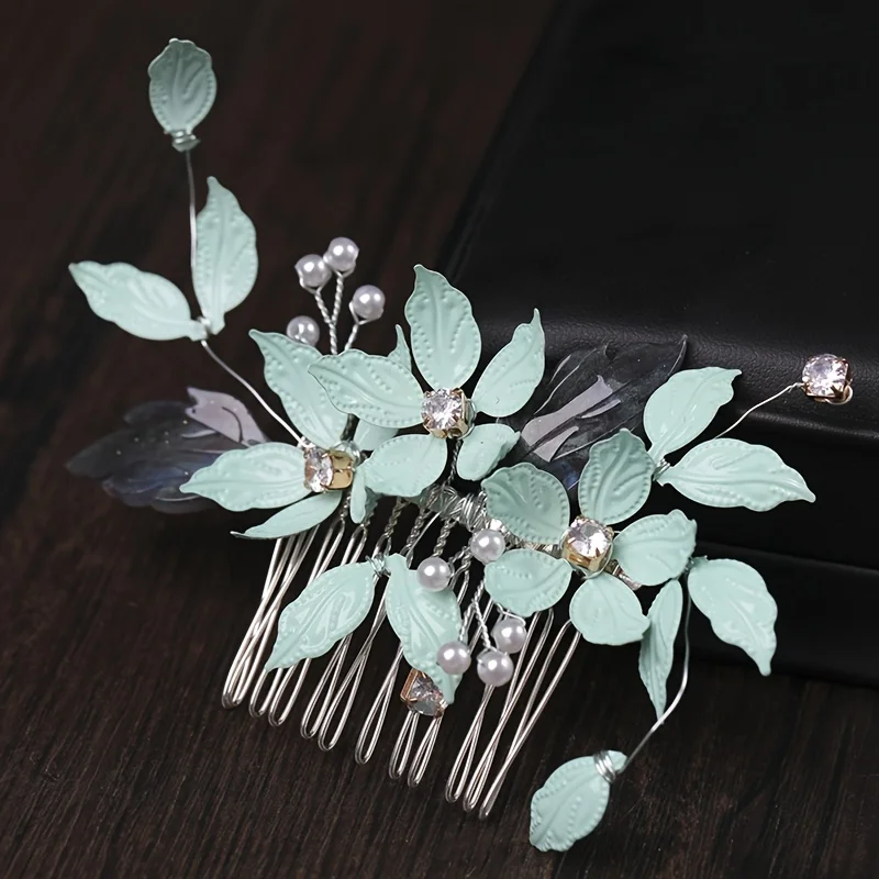 Handmade Pearl Flower Leaf Crystal Hair Comb Pin Band For Women Bride Wedding Bridal Hair Accessories Jewelry Comb Gift
