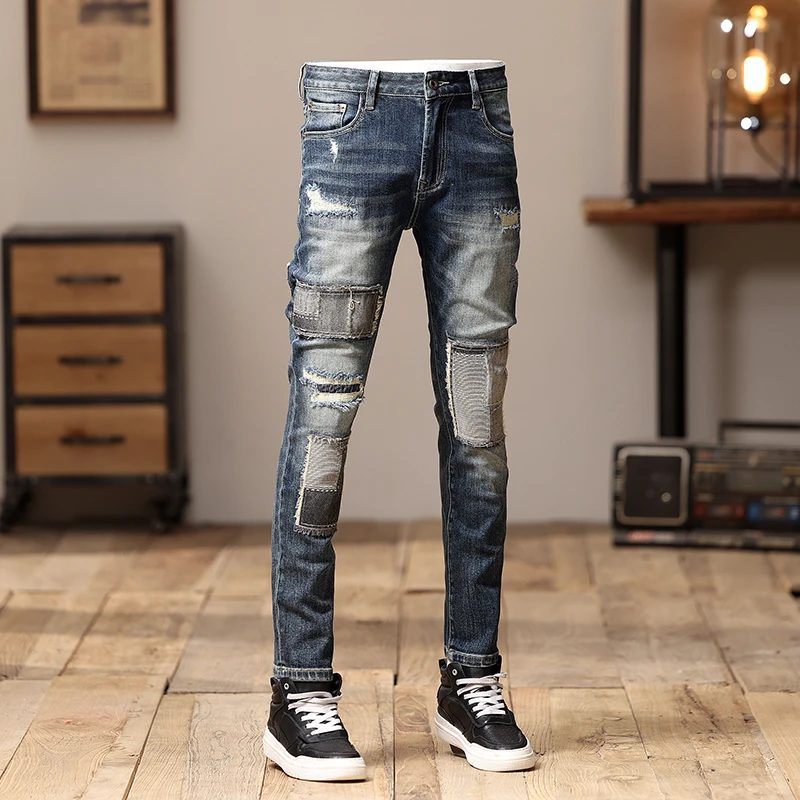 2024 New Ripped Jeans Men's American Retro Tight Straight Trend Stitching Spring and Autumn Pants Men