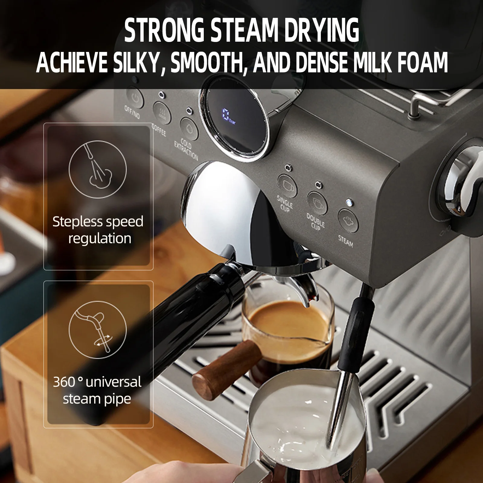 Mcilpoog Espresso Machine ，Compact Coffee Maker with Steam Milk Frother&Iced Coffee with LCD Display，Gift for Lover