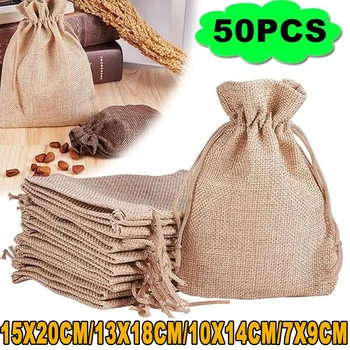 5/50 Pcs/Lot Cotton and Linen Drawstring Bags Christmas Party Gift Package Small Cotton Pouches Home Kitchen Organize Sacks