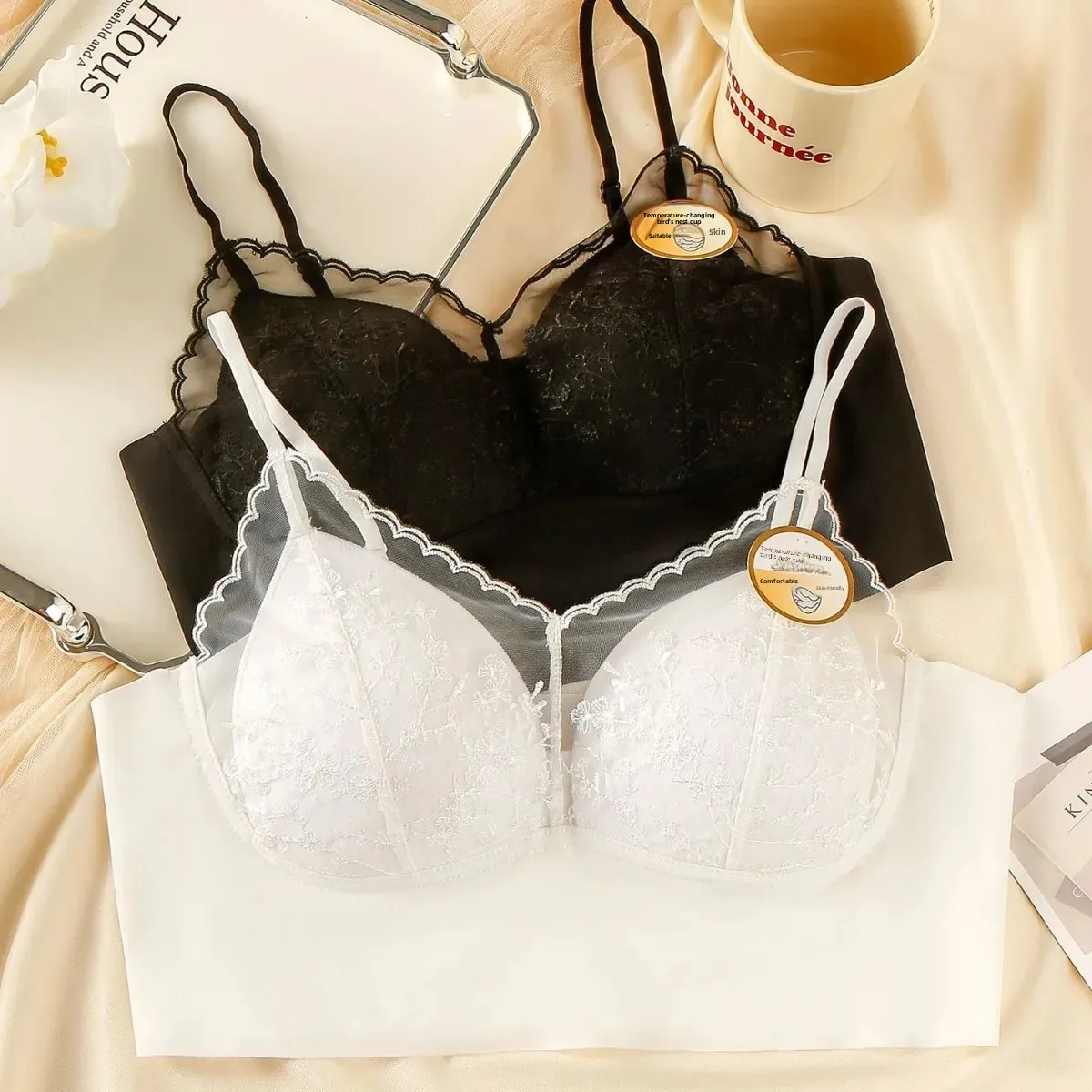 New Thin Sensation High Luxury Comfortable French Lace Underwear Autumn Winter Bra Temperature Changing Bird's Nest Cup